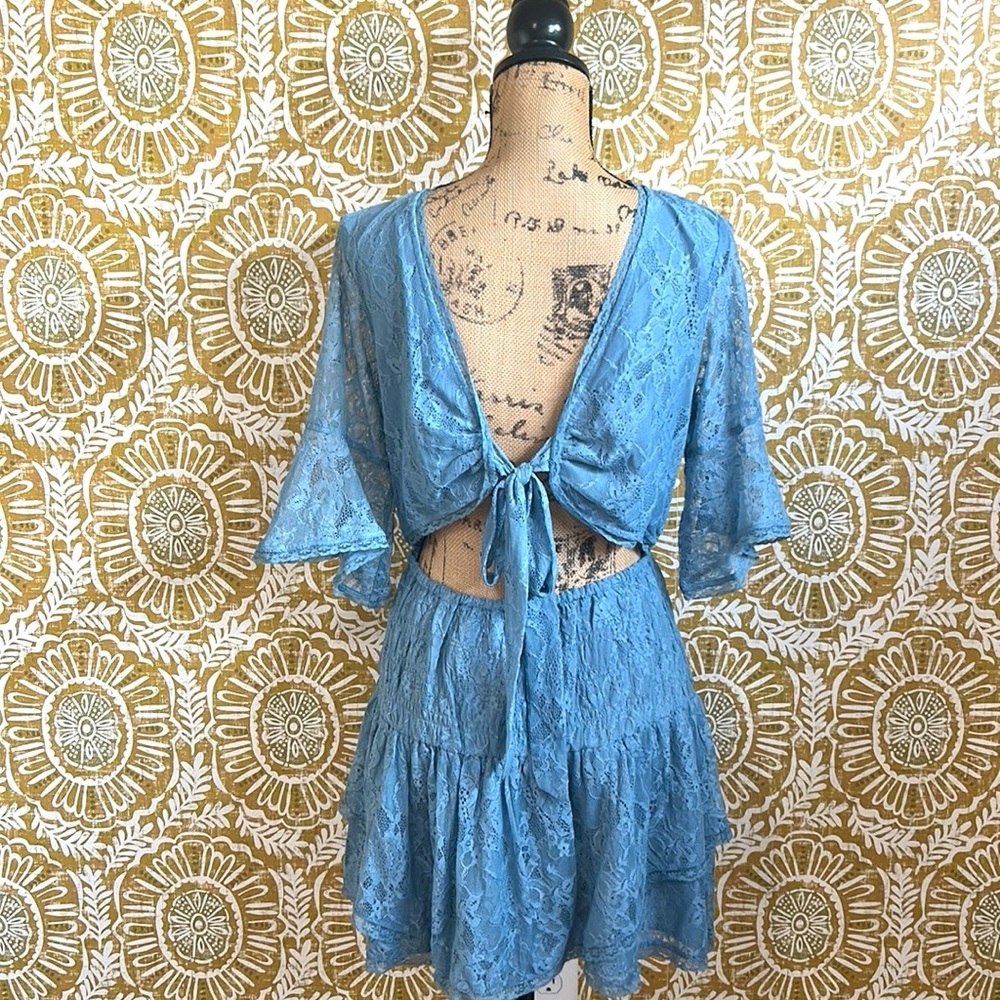 NWOT Free People Lala Lace Sheer Reversible V-Neck Mini Dress in Baby Denim Sz M - Picture 12 of 12